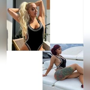 Dolce Vita Stella High-Leg One Piece Swimsuit In Black And Gold Studs Size L